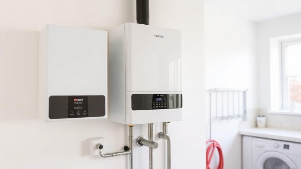 High-efficiency combi boiler mounted on a clean white wall