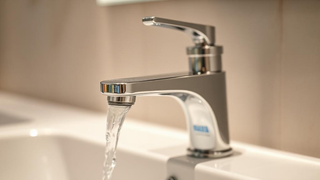 Modern chrome bathroom tap with clean running water